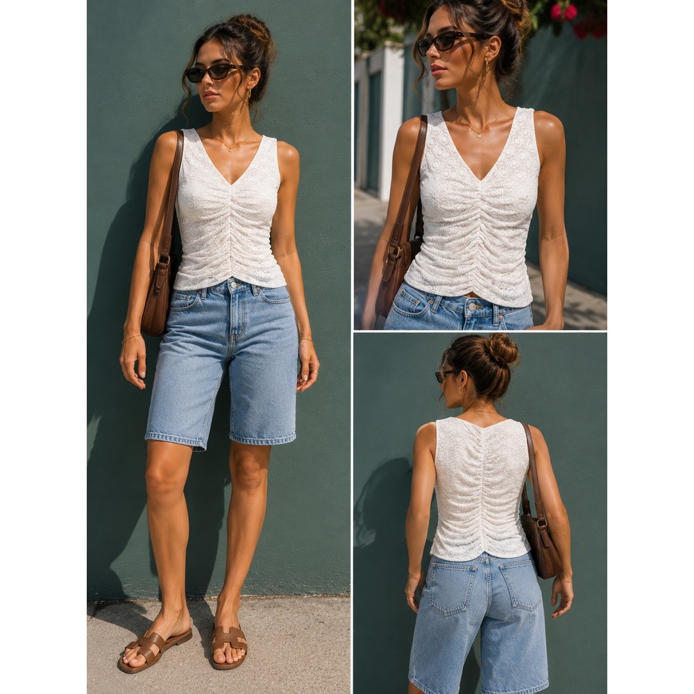 Cream Floral Lace Ruched V-Neck Sleeveless Tank Top Boho Y2K Romantic Size M